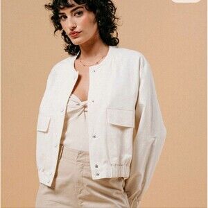 Hazel Women's Linen Bomber Jacket Beige Front Pockets Cottagecore Boho Scandi L